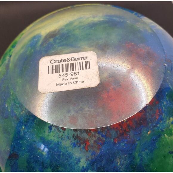 Crate & Barrel Blue Green Multicolored Abstract Vase With Red Motiff. Art Glass - Picture 6 of 6